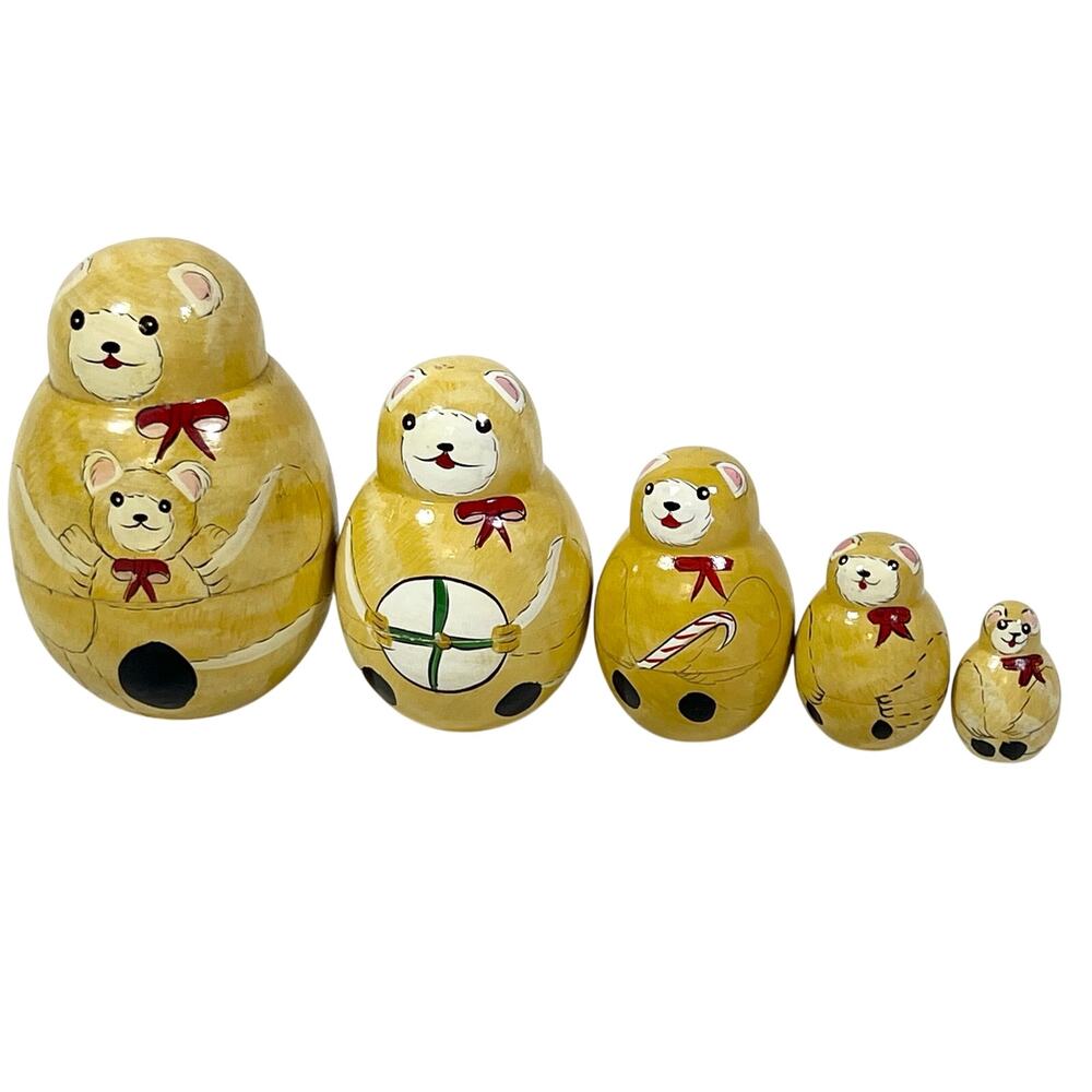 Vintage Christmas Teddy Bear Nesting Dolls Wooden Matryoshka Candy Cane Gift 5pc